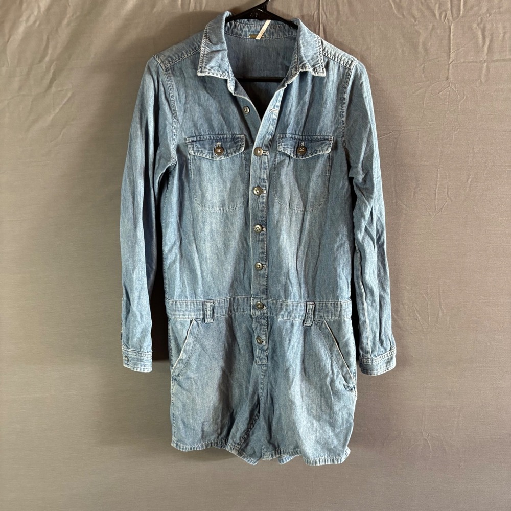 Free People Womens Light Wash Denim‎ Long Sleeve Button Front Romper XS